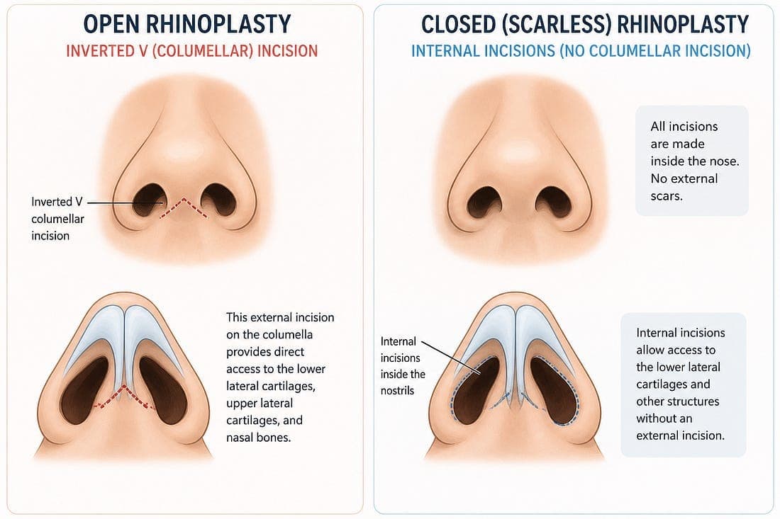 Diagram comparing open rhinoplasty, which uses an inverted-V columellar incision, with closed scarless rhinoplasty, which uses internal incisions inside the nostrils and leaves no external scar.